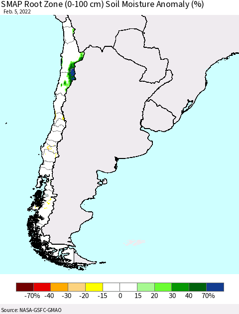 Chile SMAP Root Zone (0-100 cm) Soil Moisture Anomaly (%) Thematic Map For 2/1/2022 - 2/5/2022
