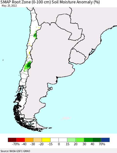 Chile SMAP Root Zone (0-100 cm) Soil Moisture Anomaly (%) Thematic Map For 5/21/2022 - 5/25/2022