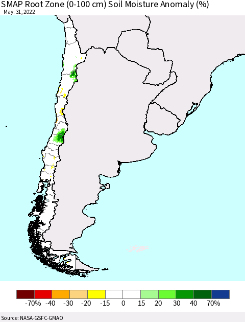 Chile SMAP Root Zone (0-100 cm) Soil Moisture Anomaly (%) Thematic Map For 5/26/2022 - 5/31/2022