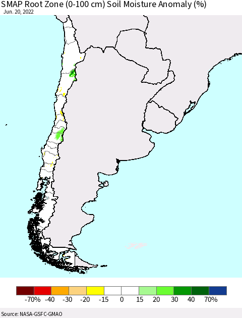 Chile SMAP Root Zone (0-100 cm) Soil Moisture Anomaly (%) Thematic Map For 6/16/2022 - 6/20/2022