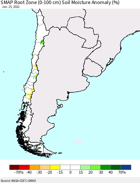 Chile SMAP Root Zone (0-100 cm) Soil Moisture Anomaly (%) Thematic Map For 6/21/2022 - 6/25/2022