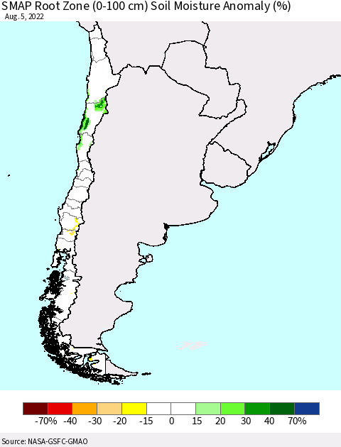 Chile SMAP Root Zone (0-100 cm) Soil Moisture Anomaly (%) Thematic Map For 8/1/2022 - 8/5/2022