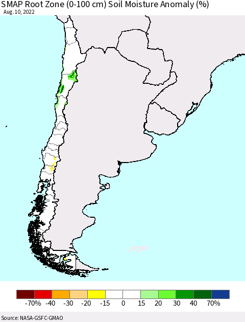 Chile SMAP Root Zone (0-100 cm) Soil Moisture Anomaly (%) Thematic Map For 8/6/2022 - 8/10/2022
