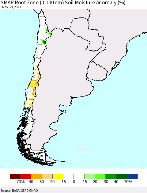 Chile SMAP Root Zone (0-100 cm) Soil Moisture Anomaly (%) Thematic Map For 5/16/2023 - 5/20/2023