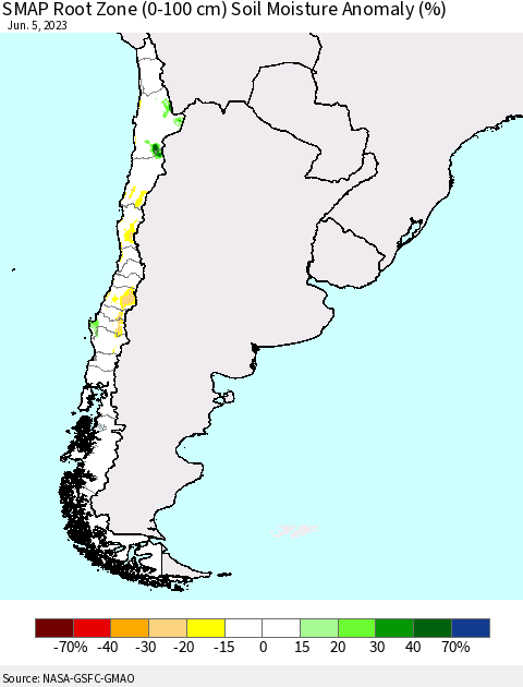Chile SMAP Root Zone (0-100 cm) Soil Moisture Anomaly (%) Thematic Map For 6/1/2023 - 6/5/2023