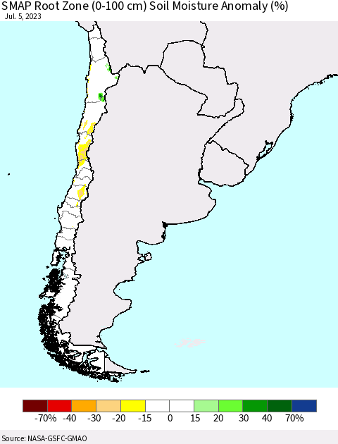 Chile SMAP Root Zone (0-100 cm) Soil Moisture Anomaly (%) Thematic Map For 7/1/2023 - 7/5/2023