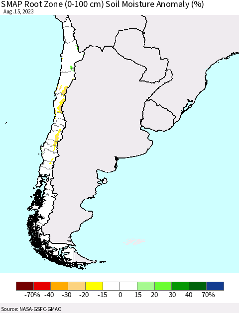 Chile SMAP Root Zone (0-100 cm) Soil Moisture Anomaly (%) Thematic Map For 8/11/2023 - 8/15/2023