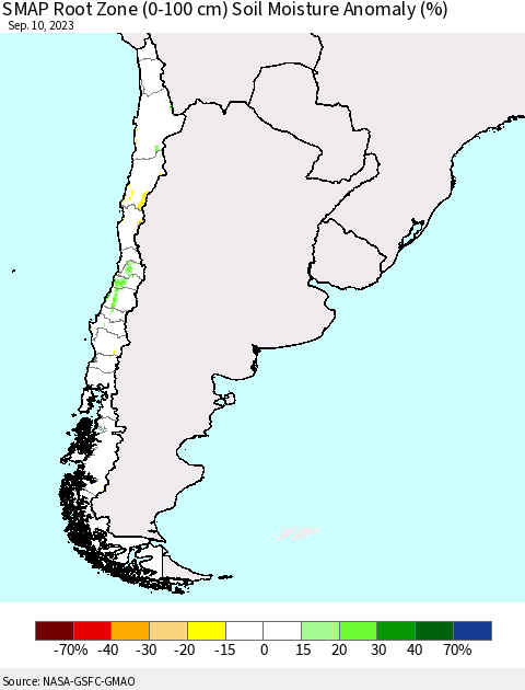 Chile SMAP Root Zone (0-100 cm) Soil Moisture Anomaly (%) Thematic Map For 9/6/2023 - 9/10/2023