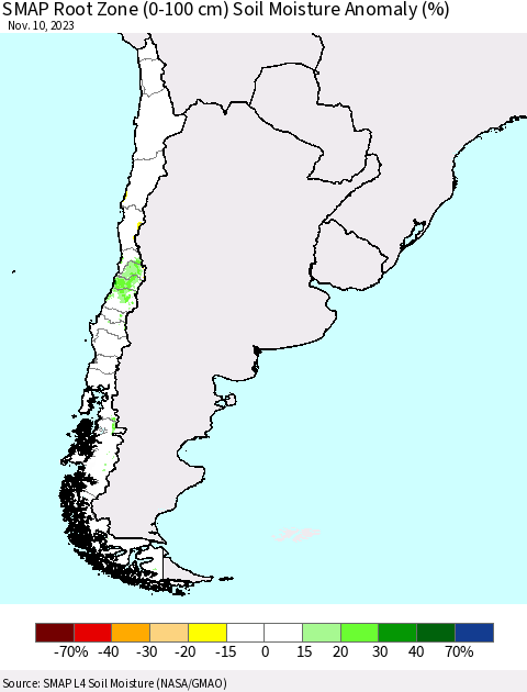 Chile SMAP Root Zone (0-100 cm) Soil Moisture Anomaly (%) Thematic Map For 11/6/2023 - 11/10/2023