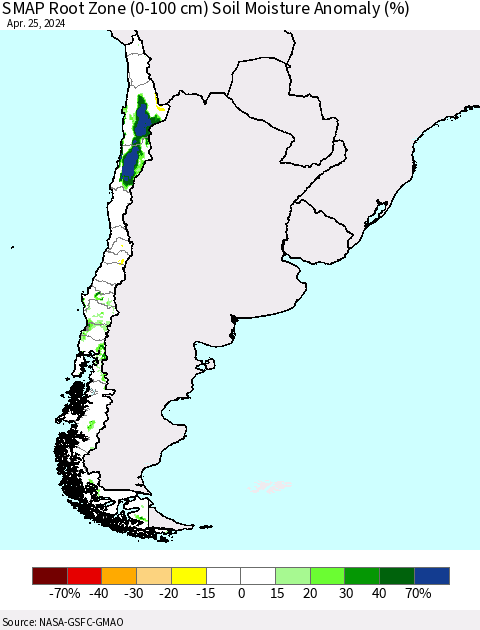 Chile SMAP Root Zone (0-100 cm) Soil Moisture Anomaly (%) Thematic Map For 4/21/2024 - 4/25/2024