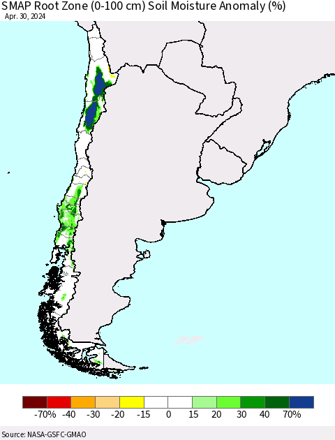 Chile SMAP Root Zone (0-100 cm) Soil Moisture Anomaly (%) Thematic Map For 4/26/2024 - 4/30/2024