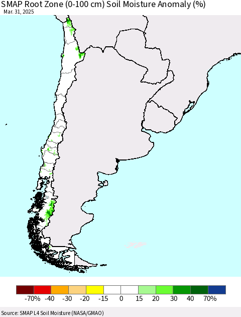 Chile SMAP Root Zone (0-100 cm) Soil Moisture Anomaly (%) Thematic Map For 3/26/2025 - 3/31/2025