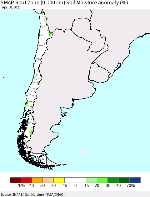Chile SMAP Root Zone (0-100 cm) Soil Moisture Anomaly (%) Thematic Map For 4/26/2025 - 4/30/2025