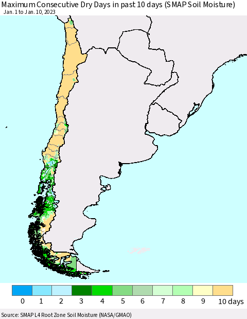 Chile Maximum Consecutive Dry Days in past 10 days (SMAP Soil Moisture) Thematic Map For 1/6/2023 - 1/10/2023