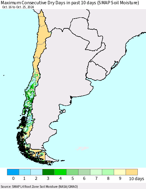 Chile Maximum Consecutive Dry Days in past 10 days (SMAP Soil Moisture) Thematic Map For 10/21/2024 - 10/25/2024