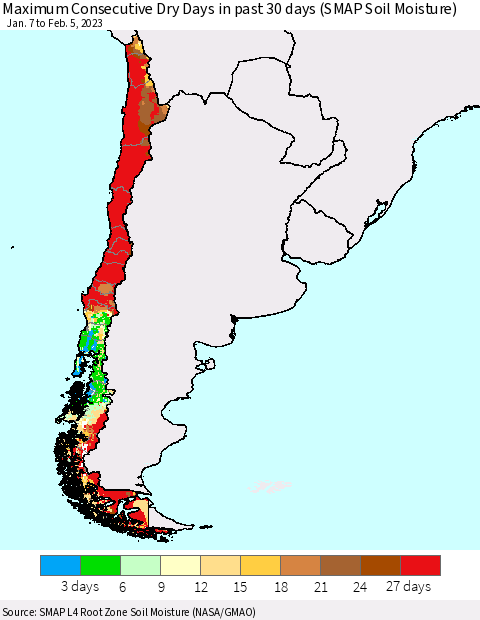 Chile Maximum Consecutive Dry Days in past 30 days (SMAP Soil Moisture) Thematic Map For 2/1/2023 - 2/5/2023