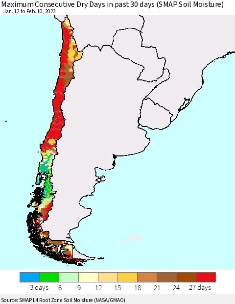 Chile Maximum Consecutive Dry Days in past 30 days (SMAP Soil Moisture) Thematic Map For 2/6/2023 - 2/10/2023