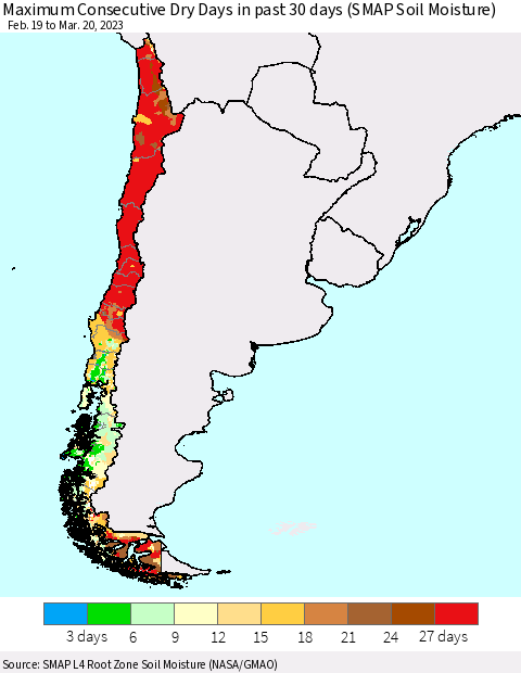 Chile Maximum Consecutive Dry Days in past 30 days (SMAP Soil Moisture) Thematic Map For 3/16/2023 - 3/20/2023