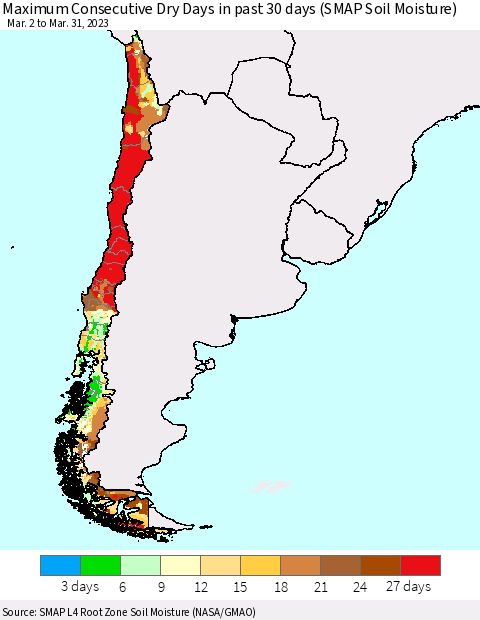 Chile Maximum Consecutive Dry Days in past 30 days (SMAP Soil Moisture) Thematic Map For 3/26/2023 - 3/31/2023
