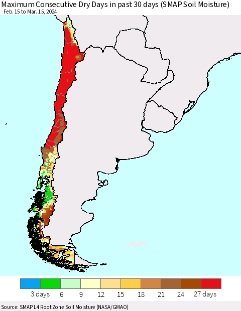 Chile Maximum Consecutive Dry Days in past 30 days (SMAP Soil Moisture) Thematic Map For 3/11/2024 - 3/15/2024
