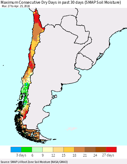 Chile Maximum Consecutive Dry Days in past 30 days (SMAP Soil Moisture) Thematic Map For 4/21/2024 - 4/25/2024