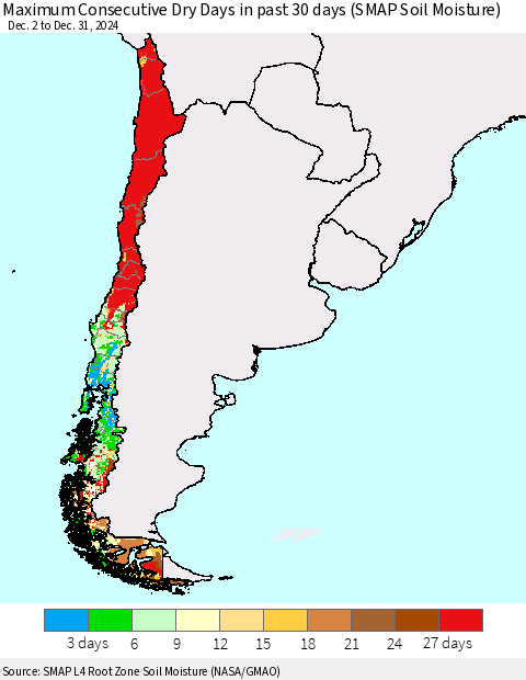 Chile Maximum Consecutive Dry Days in past 30 days (SMAP Soil Moisture) Thematic Map For 12/26/2024 - 12/31/2024