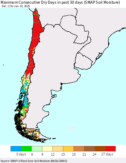 Chile Maximum Consecutive Dry Days in past 30 days (SMAP Soil Moisture) Thematic Map For 1/6/2025 - 1/10/2025