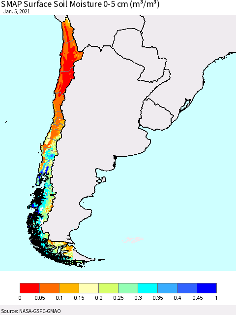 Chile SMAP Surface (0-5 cm) Soil Moisture (m³/m³) Thematic Map For 1/1/2021 - 1/5/2021