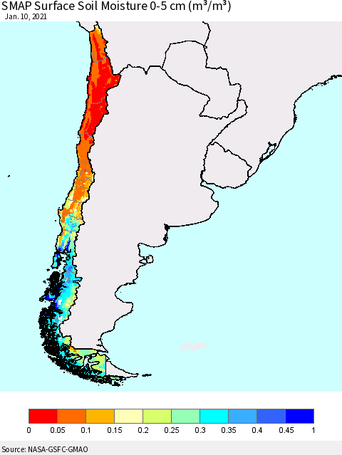 Chile SMAP Surface (0-5 cm) Soil Moisture (m³/m³) Thematic Map For 1/6/2021 - 1/10/2021