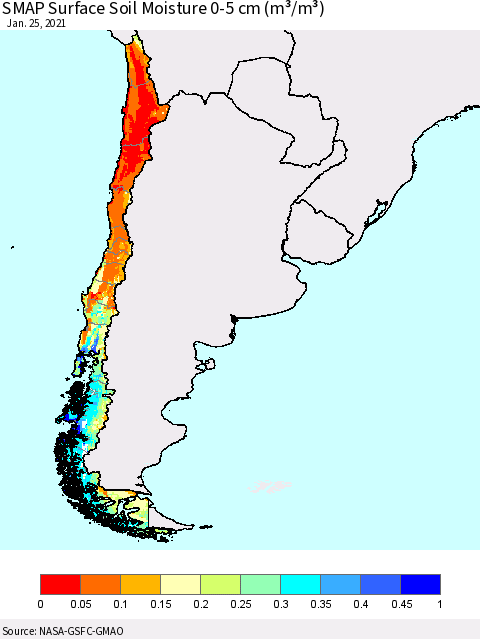 Chile SMAP Surface (0-5 cm) Soil Moisture (m³/m³) Thematic Map For 1/21/2021 - 1/25/2021