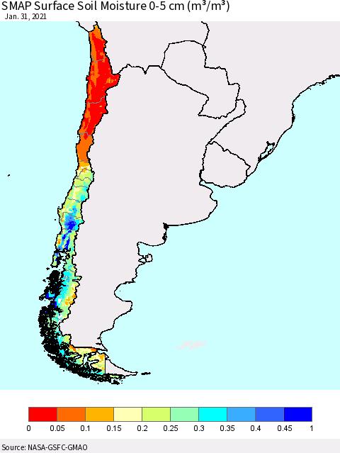 Chile SMAP Surface (0-5 cm) Soil Moisture (m³/m³) Thematic Map For 1/26/2021 - 1/31/2021