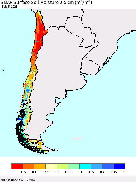 Chile SMAP Surface (0-5 cm) Soil Moisture (m³/m³) Thematic Map For 2/1/2021 - 2/5/2021