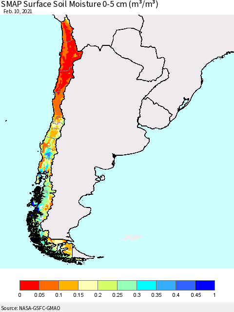 Chile SMAP Surface (0-5 cm) Soil Moisture (m³/m³) Thematic Map For 2/6/2021 - 2/10/2021