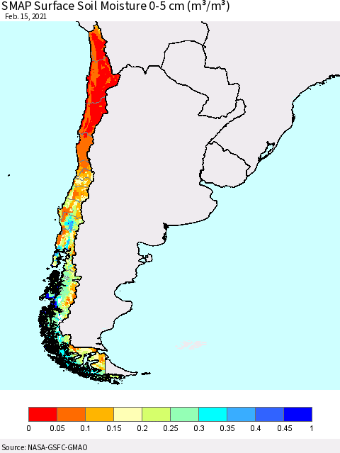 Chile SMAP Surface (0-5 cm) Soil Moisture (m³/m³) Thematic Map For 2/11/2021 - 2/15/2021