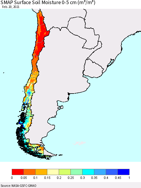 Chile SMAP Surface (0-5 cm) Soil Moisture (m³/m³) Thematic Map For 2/16/2021 - 2/20/2021
