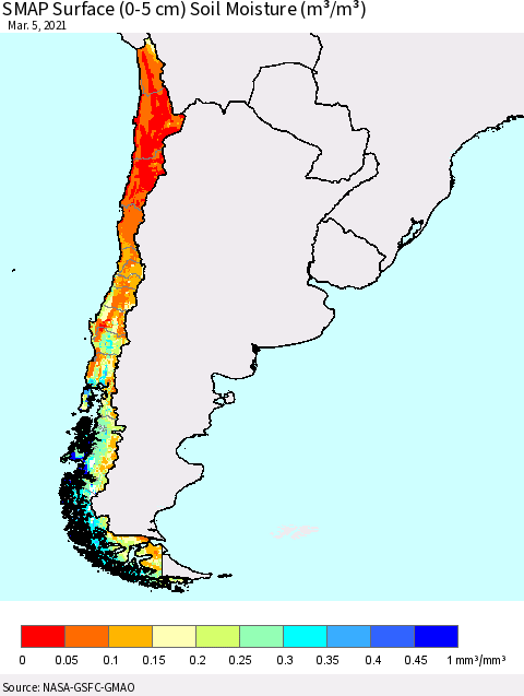 Chile SMAP Surface (0-5 cm) Soil Moisture (m³/m³) Thematic Map For 3/1/2021 - 3/5/2021
