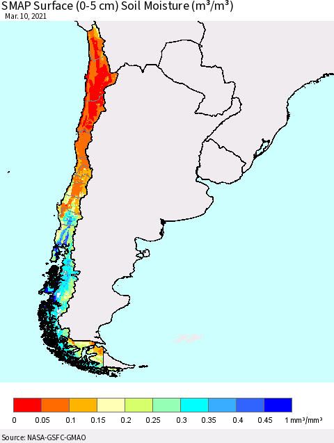 Chile SMAP Surface (0-5 cm) Soil Moisture (m³/m³) Thematic Map For 3/6/2021 - 3/10/2021