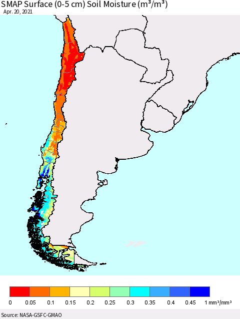 Chile SMAP Surface (0-5 cm) Soil Moisture (m³/m³) Thematic Map For 4/16/2021 - 4/20/2021