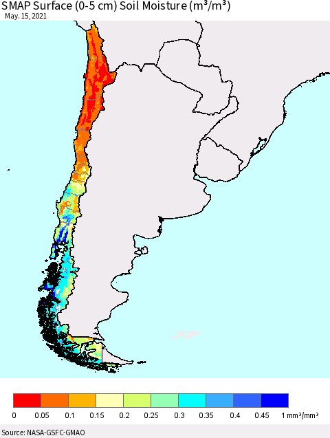 Chile SMAP Surface (0-5 cm) Soil Moisture (m³/m³) Thematic Map For 5/11/2021 - 5/15/2021