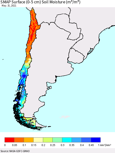 Chile SMAP Surface (0-5 cm) Soil Moisture (m³/m³) Thematic Map For 5/26/2021 - 5/31/2021
