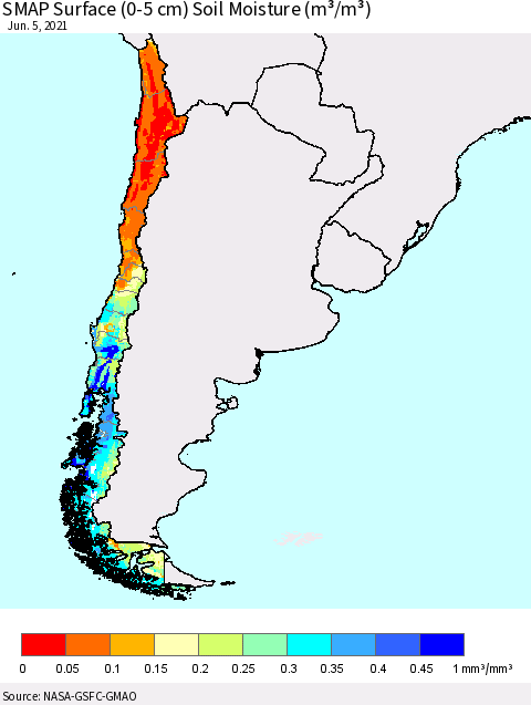 Chile SMAP Surface (0-5 cm) Soil Moisture (m³/m³) Thematic Map For 6/1/2021 - 6/5/2021