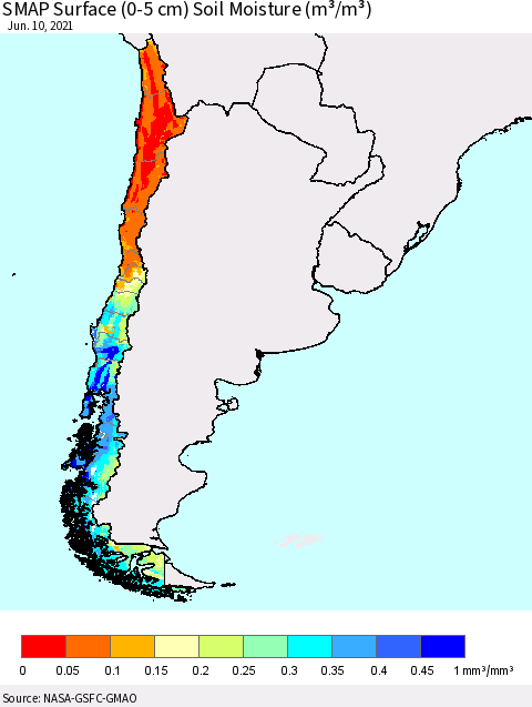 Chile SMAP Surface (0-5 cm) Soil Moisture (m³/m³) Thematic Map For 6/6/2021 - 6/10/2021