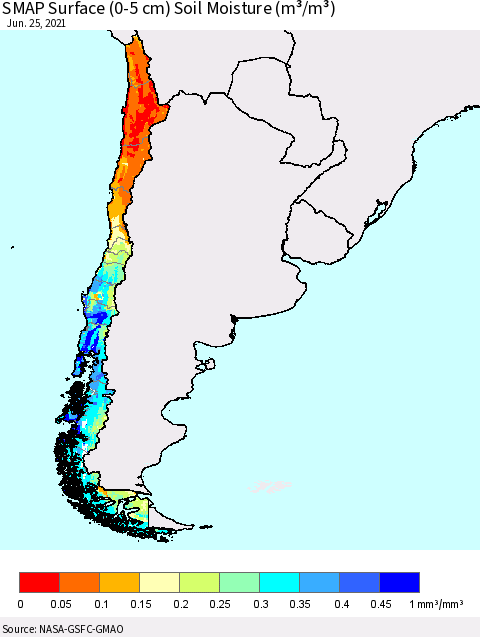 Chile SMAP Surface (0-5 cm) Soil Moisture (m³/m³) Thematic Map For 6/21/2021 - 6/25/2021