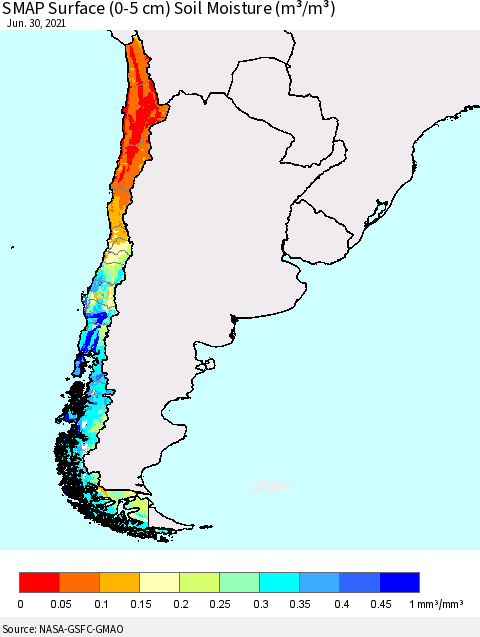 Chile SMAP Surface (0-5 cm) Soil Moisture (m³/m³) Thematic Map For 6/26/2021 - 6/30/2021