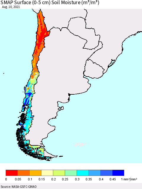 Chile SMAP Surface (0-5 cm) Soil Moisture (m³/m³) Thematic Map For 8/6/2021 - 8/10/2021