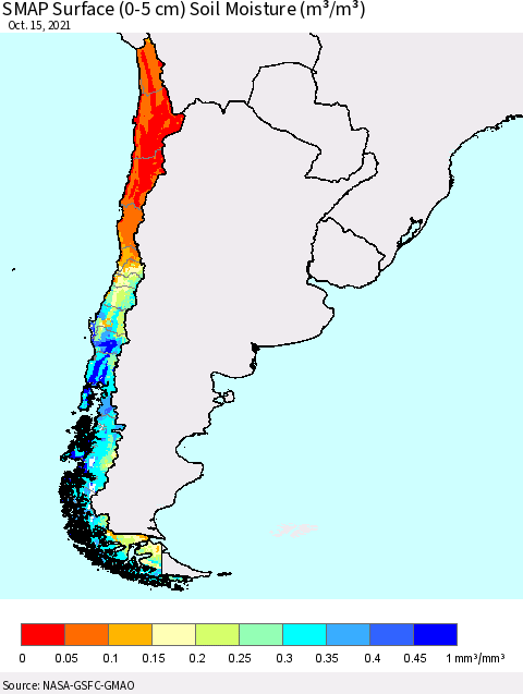Chile SMAP Surface (0-5 cm) Soil Moisture (m³/m³) Thematic Map For 10/11/2021 - 10/15/2021