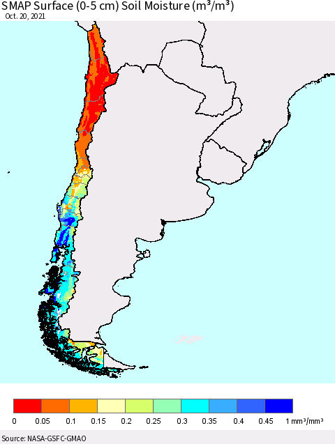 Chile SMAP Surface (0-5 cm) Soil Moisture (m³/m³) Thematic Map For 10/16/2021 - 10/20/2021