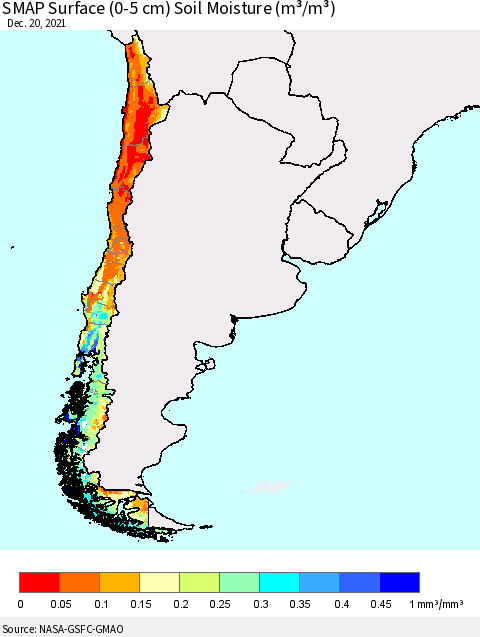 Chile SMAP Surface (0-5 cm) Soil Moisture (m³/m³) Thematic Map For 12/16/2021 - 12/20/2021