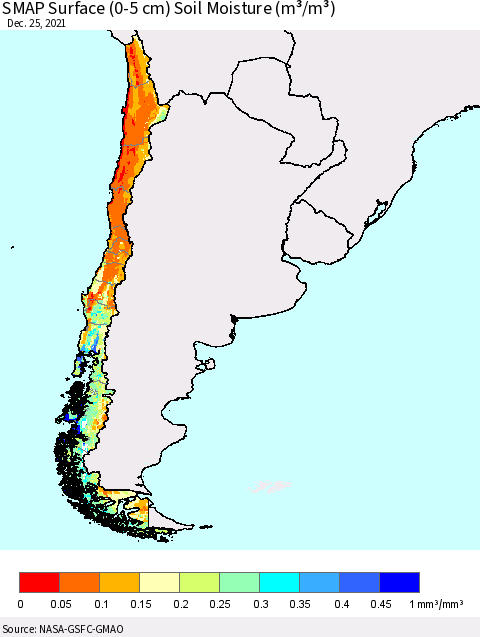 Chile SMAP Surface (0-5 cm) Soil Moisture (m³/m³) Thematic Map For 12/21/2021 - 12/25/2021