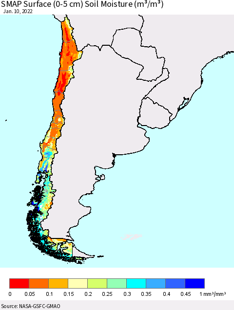 Chile SMAP Surface (0-5 cm) Soil Moisture (m³/m³) Thematic Map For 1/6/2022 - 1/10/2022